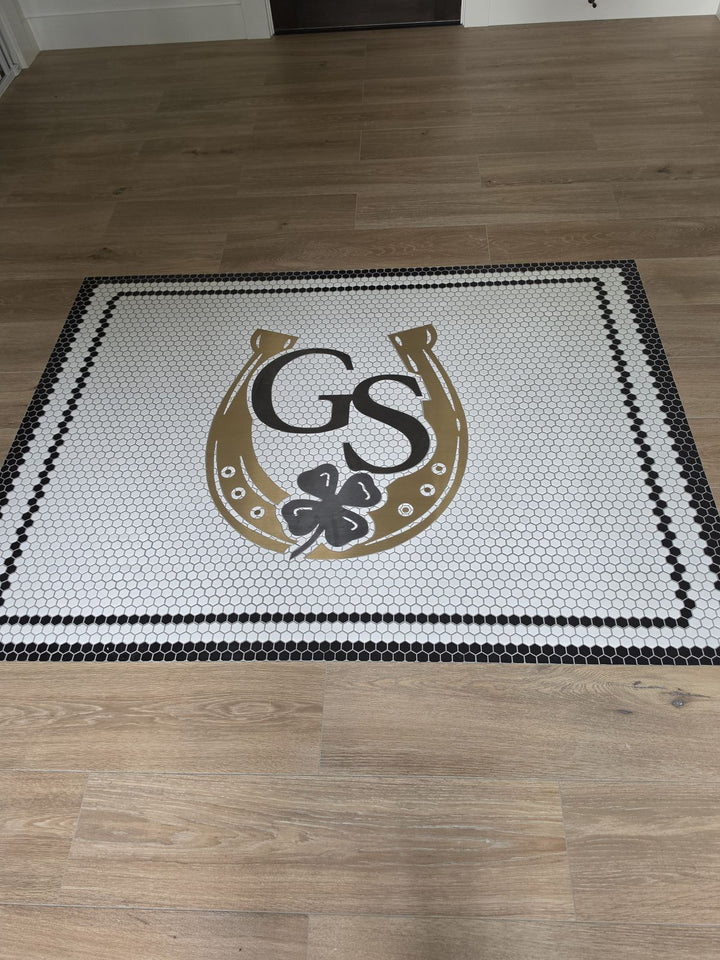 GS horseshoe logo with gold metal inlay, business logo mosaic by Mosaic Lettering