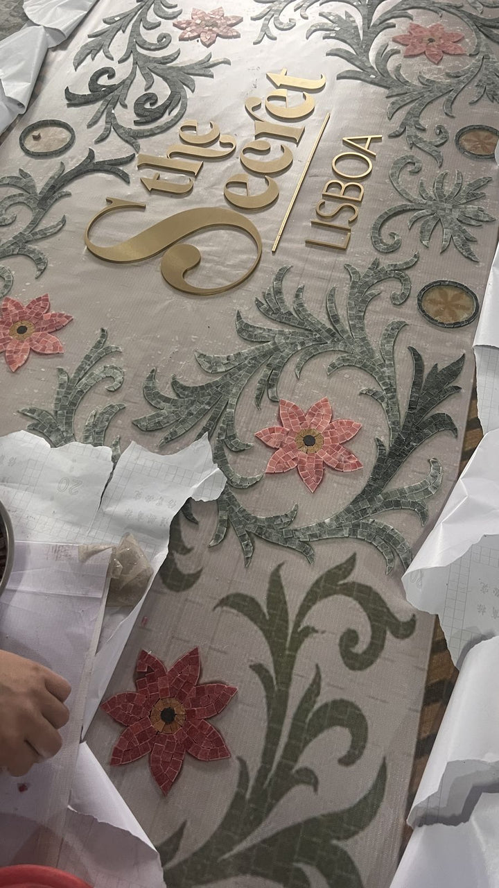 Hand-cut floral illustrated mosaic, hand-cut mosaic by Mosaic Lettering, photographed at our studio before installation