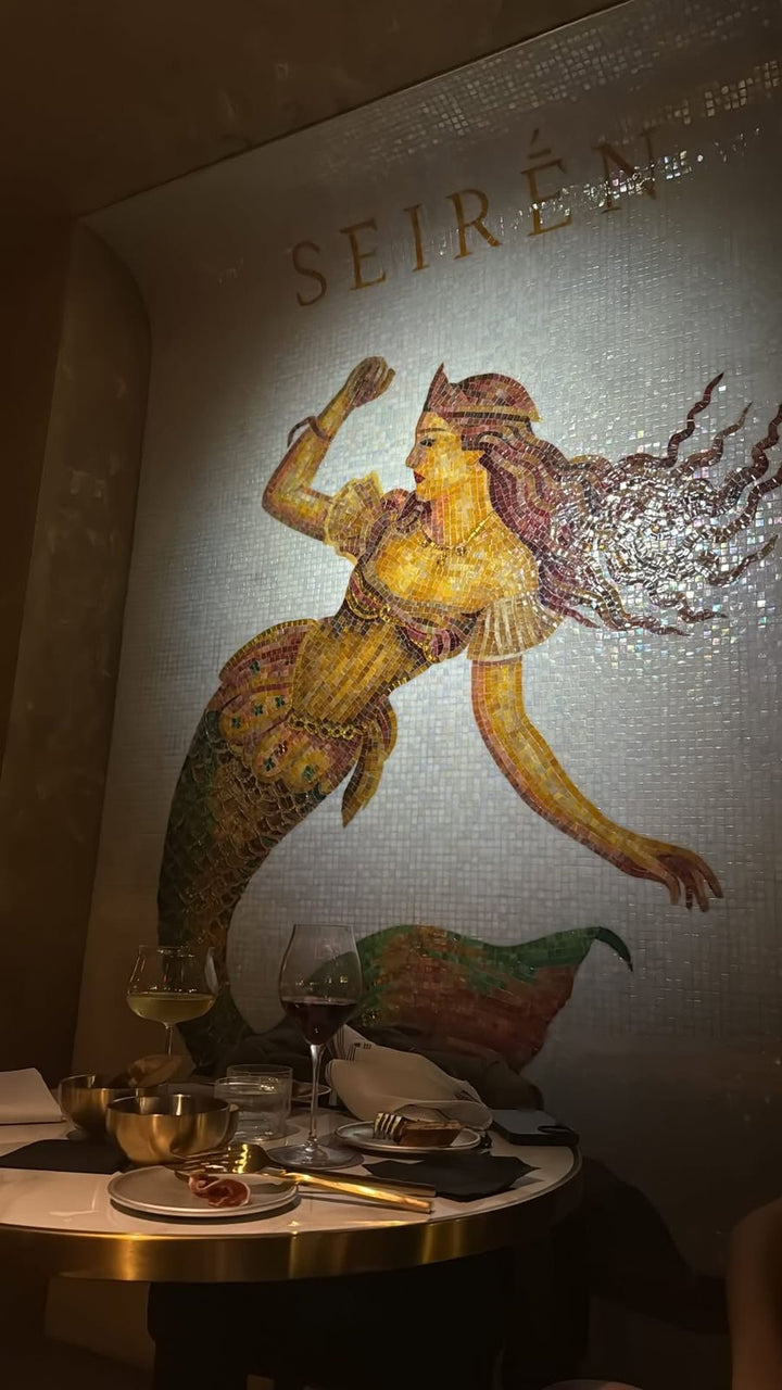 Hand-cut mermaid wall mosaic, bar logo mosaic by Mosaic Lettering