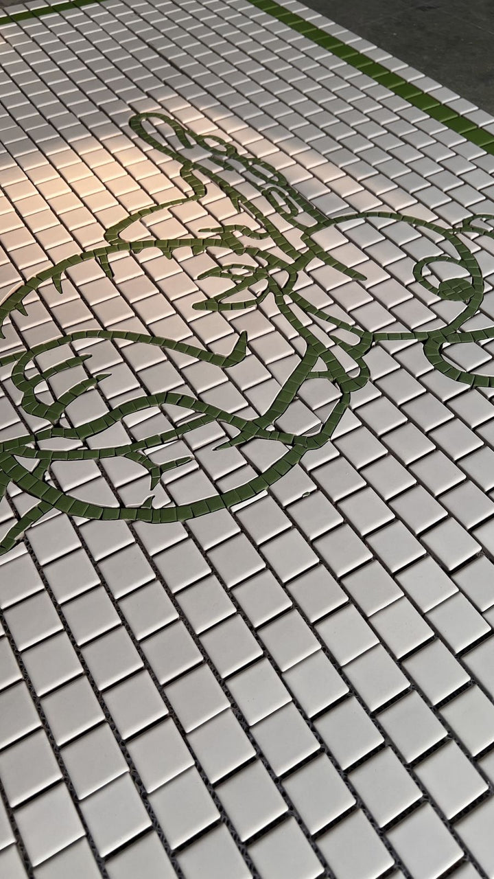 Hand-drawn green line motif mosaic, hand-cut mosaic by Mosaic Lettering