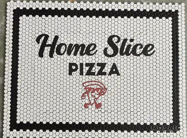 Home Slice Pizza mosaic, restaurant logo mosaic by Mosaic Lettering, photographed at our studio before installation