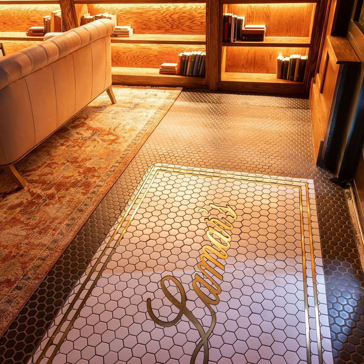 Hotel lobby hexagon floor mosaic, hotel entrance mosaic by Mosaic Lettering