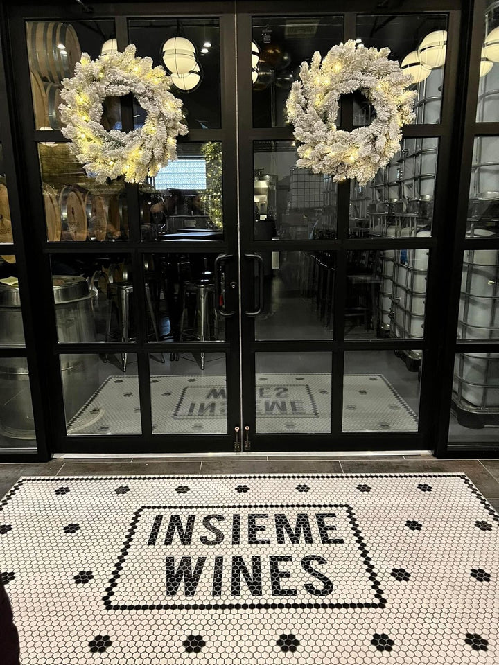 Insieme Wines entrance in situ, bar logo mosaic by Mosaic Lettering