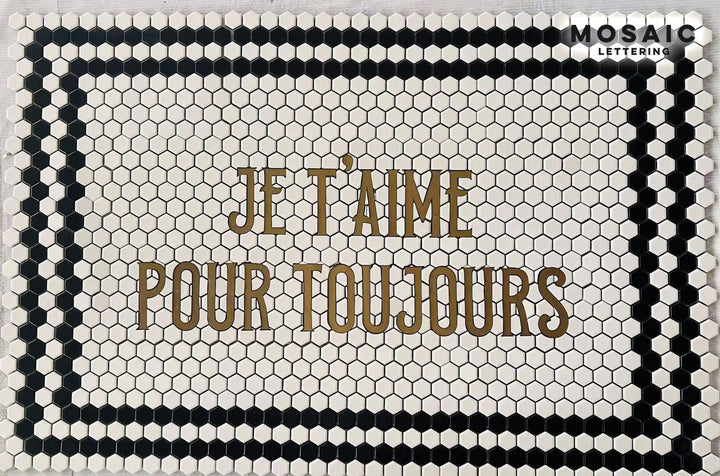Je t'aime pour toujours gold lettering, house number mosaic by Mosaic Lettering, photographed at our studio before installation