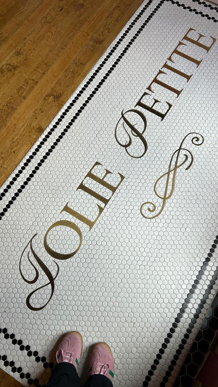 Jolie Petite script lettering entrance mosaic, business logo mosaic by Mosaic Lettering