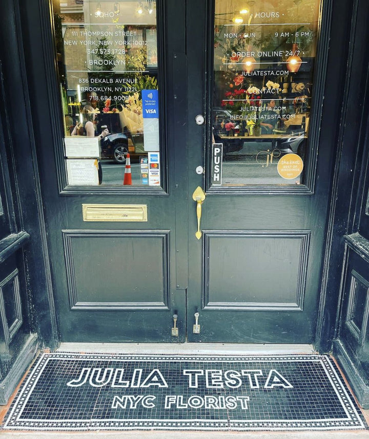Julia Testa NYC florist entrance, business logo mosaic by Mosaic Lettering
