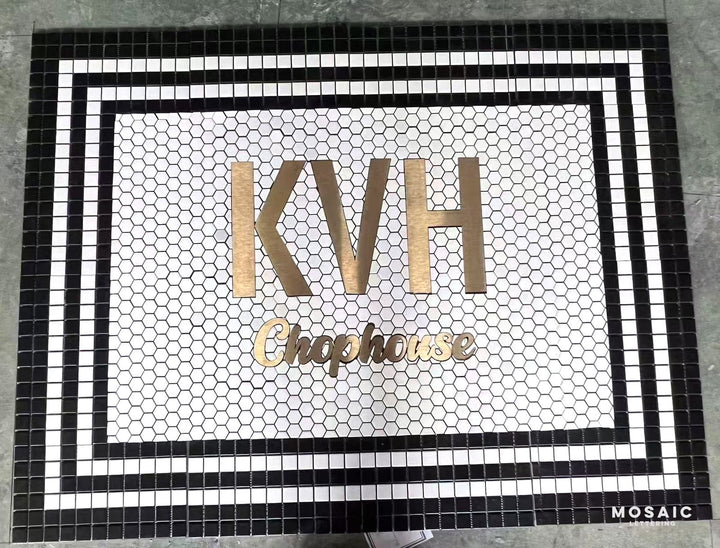 KVH Chophouse gold mosaic, restaurant logo mosaic by Mosaic Lettering, photographed at our studio before installation