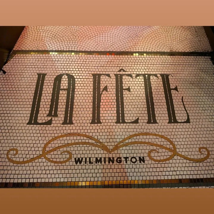 La Fête Wilmington close-up, restaurant logo mosaic by Mosaic Lettering