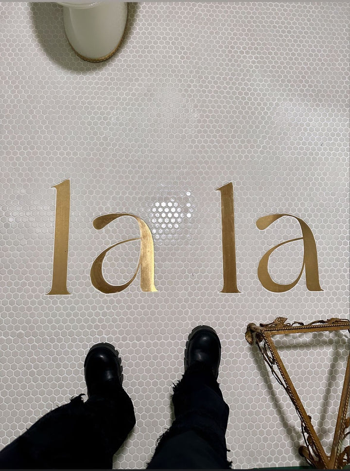La La gold lettering mosaic, business logo mosaic by Mosaic Lettering