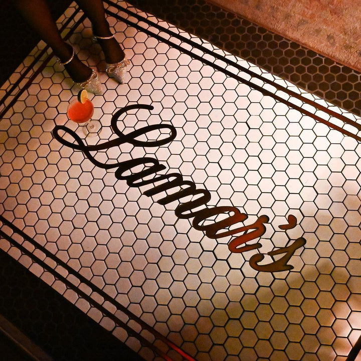 Lamar's script hexagon mosaic, restaurant logo mosaic by Mosaic Lettering