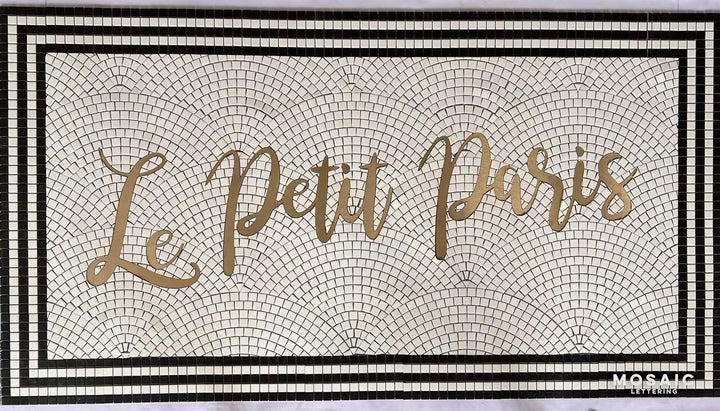 Le Petit Paris fanned script mosaic, restaurant logo mosaic by Mosaic Lettering, photographed at our studio before installation