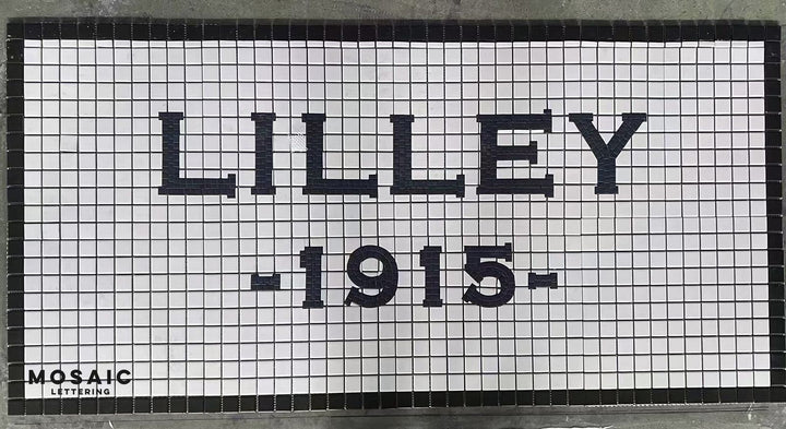 Lilley 1915 mosaic, house number mosaic by Mosaic Lettering, photographed at our studio before installation