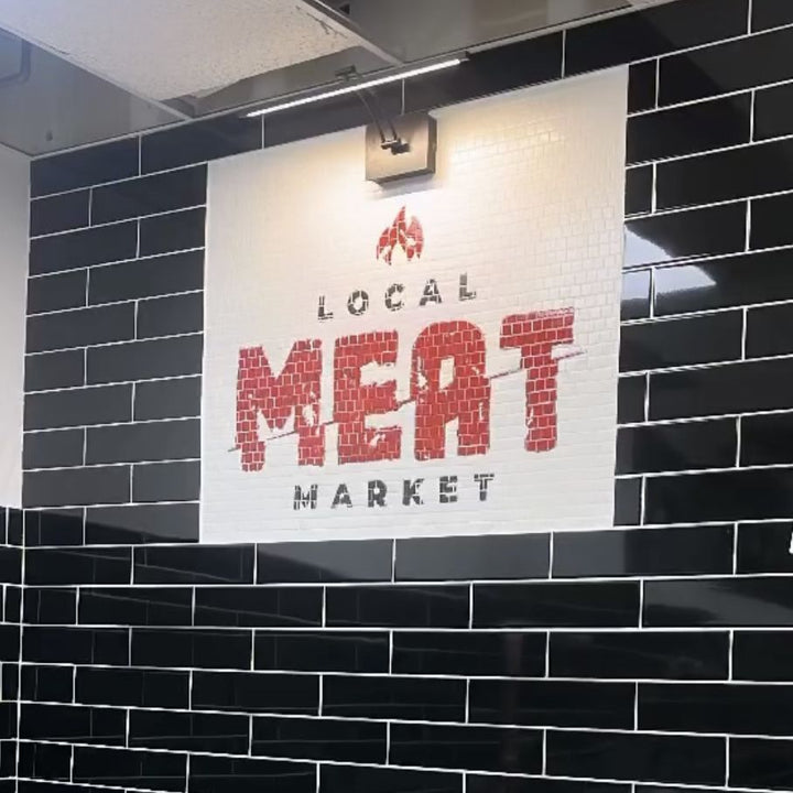Local Meat Market wall mosaic, restaurant logo mosaic by Mosaic Lettering