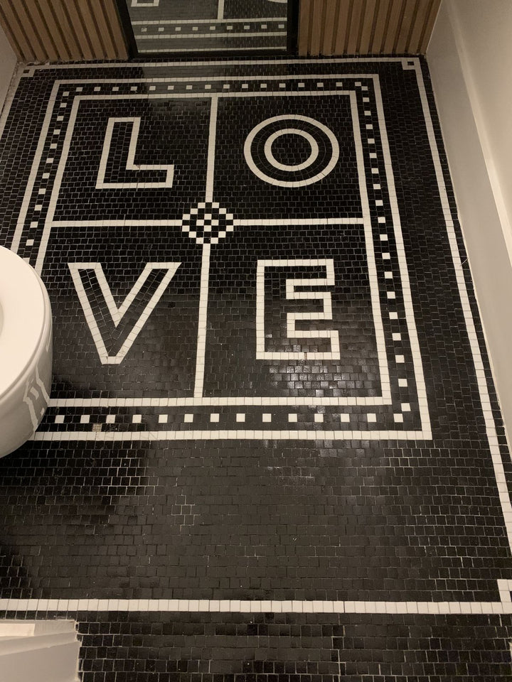 LOVE black hexagon floor mosaic, house number mosaic by Mosaic Lettering