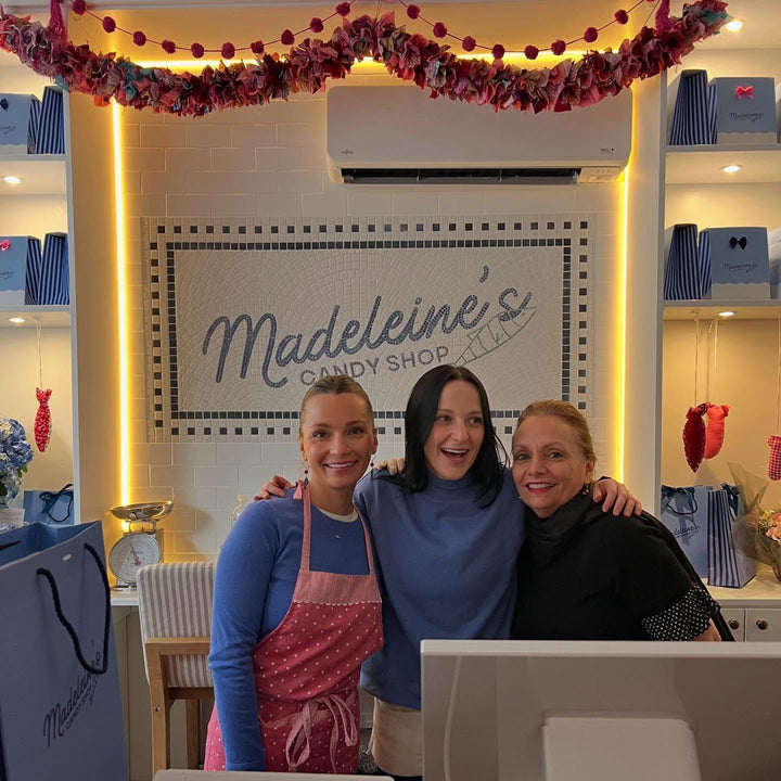 Madeleine's candy shop wall mosaic, restaurant logo mosaic by Mosaic Lettering