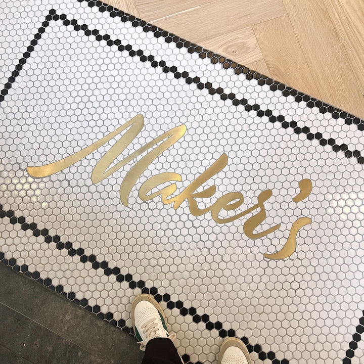 Maker's gold script mosaic, bar logo mosaic by Mosaic Lettering