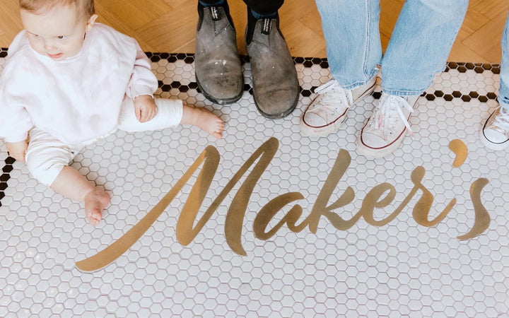 Maker's gold script with family, house number mosaic by Mosaic Lettering