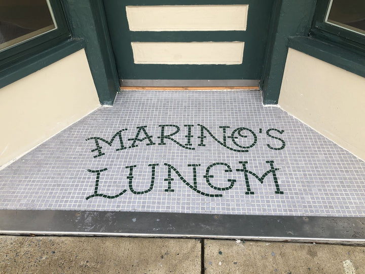 Marino's Lunch entrance mosaic, restaurant logo mosaic by Mosaic Lettering