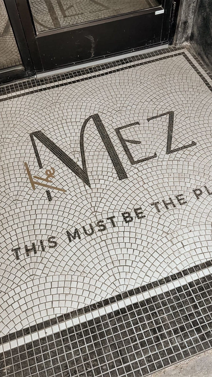 Mez restaurant floor mosaic, restaurant logo mosaic by Mosaic Lettering