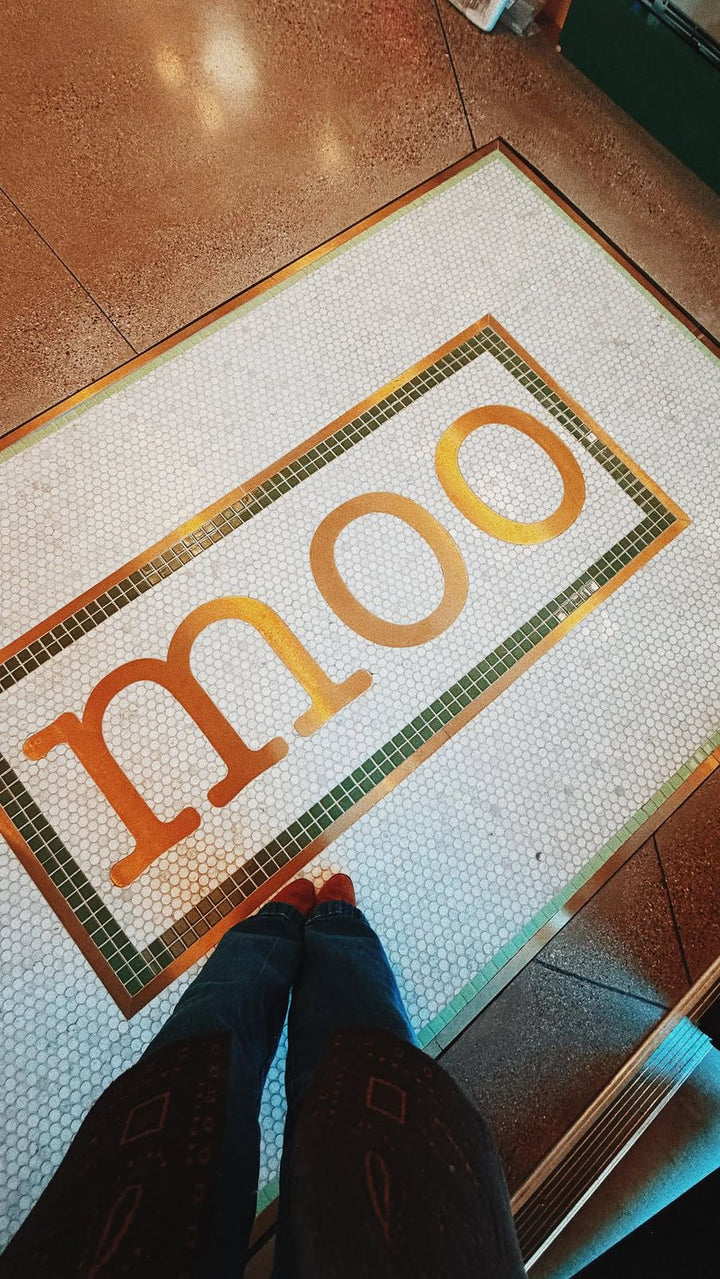 Moo colourful lettering entrance mosaic, restaurant logo mosaic by Mosaic Lettering