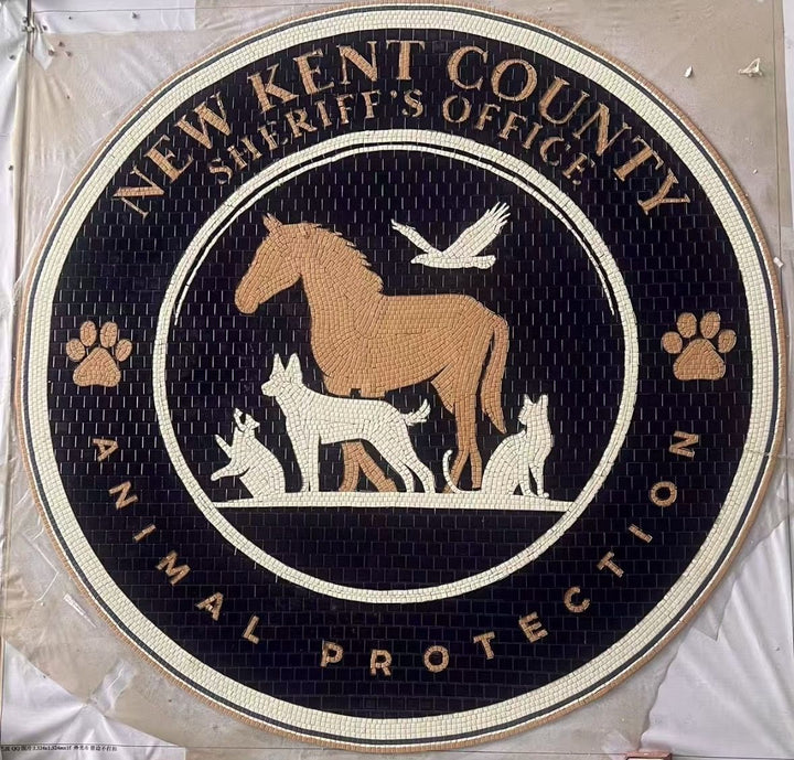 New Kent County Sheriff animal protection seal mosaic, business logo mosaic by Mosaic Lettering, photographed at our studio before installation