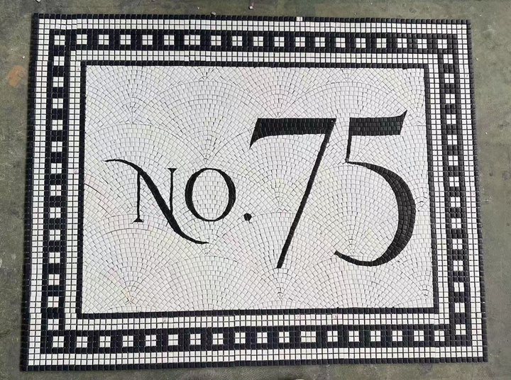 No. 75 house number mosaic with border, house number mosaic by Mosaic Lettering, photographed at our studio before installation