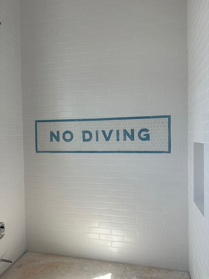 NO DIVING pool wall mosaic, pool and bathroom mosaic by Mosaic Lettering