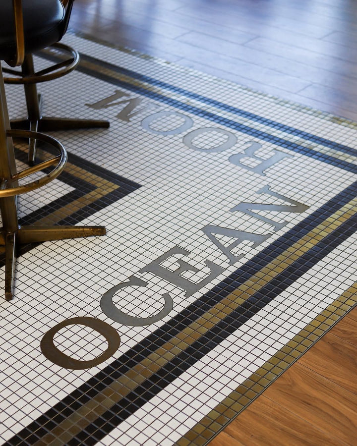 Ocean Room gold accent mosaic, restaurant logo mosaic by Mosaic Lettering