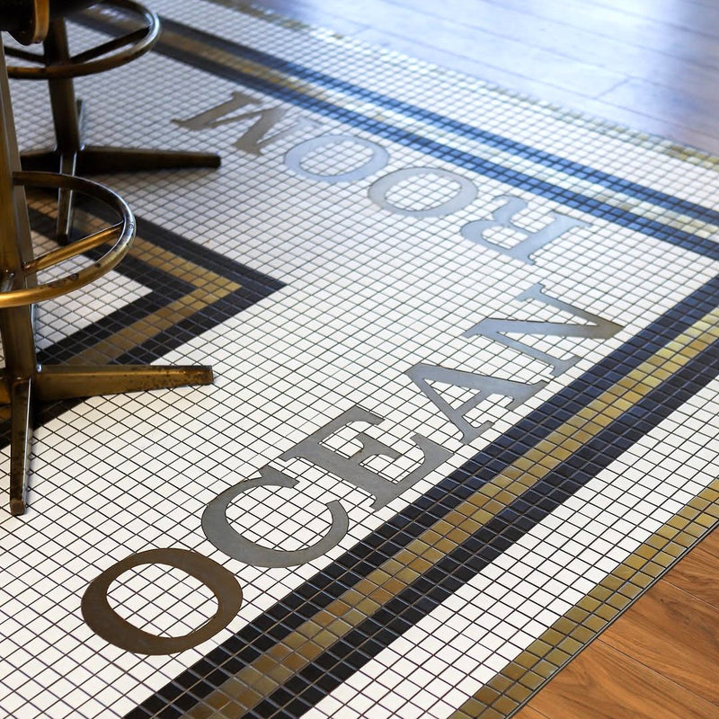 Ocean Room mosaic: Metal letters, square tile