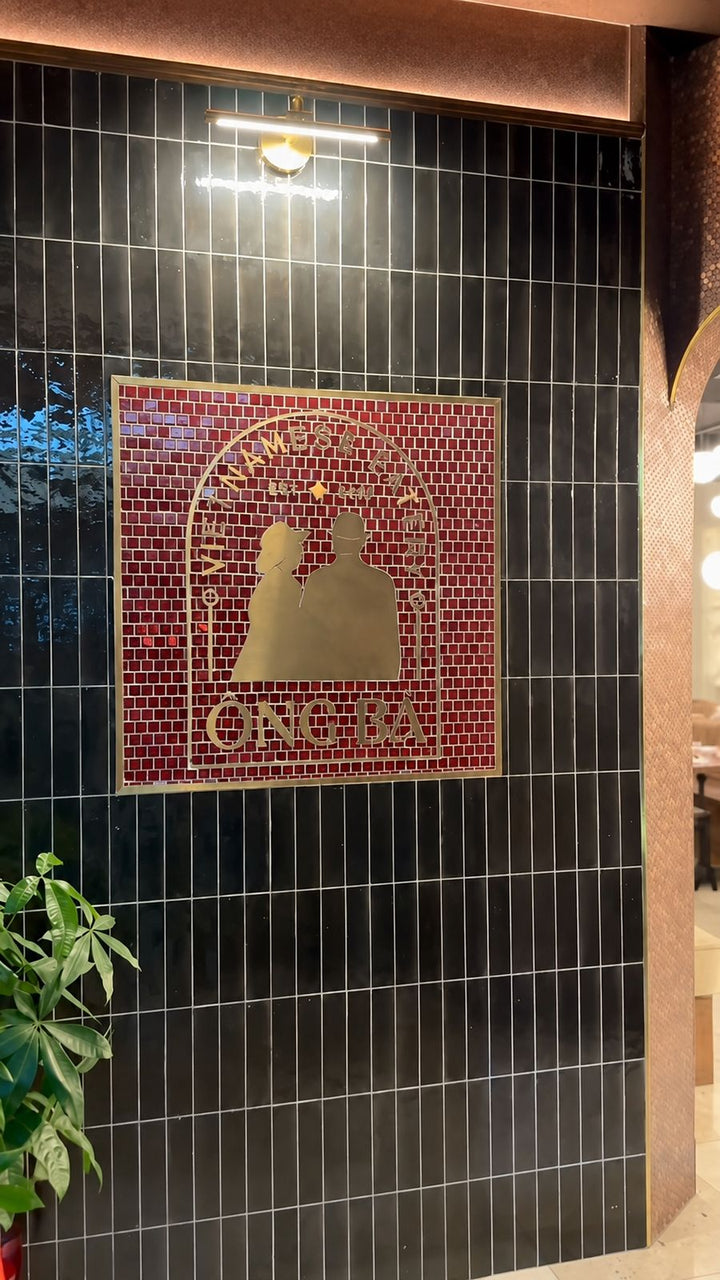 Ong Ba wall mosaic, restaurant logo mosaic by Mosaic Lettering