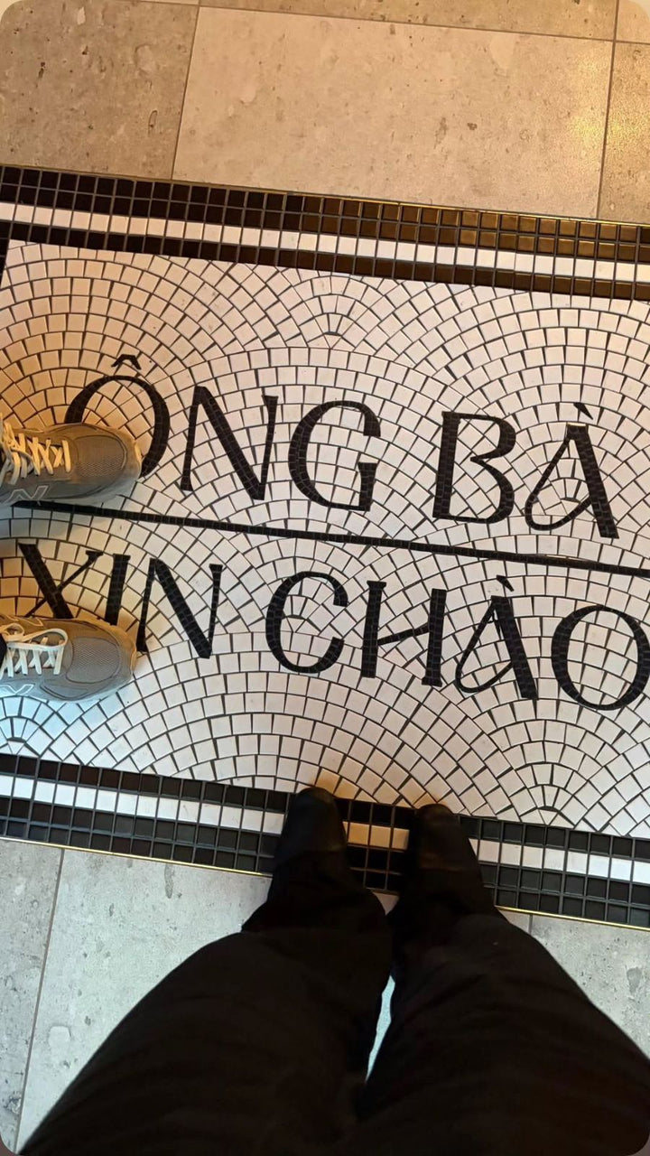 Ong Ba Xin Chao lettering mosaic, restaurant logo mosaic by Mosaic Lettering