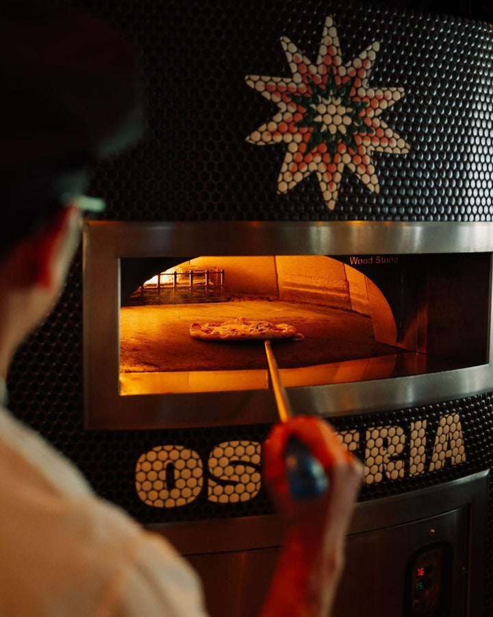 Osteria pizza oven lettering mosaic, restaurant logo mosaic by Mosaic Lettering