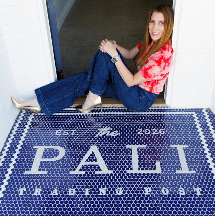 Pali Trading Post blue hexagon mosaic, business logo mosaic by Mosaic Lettering