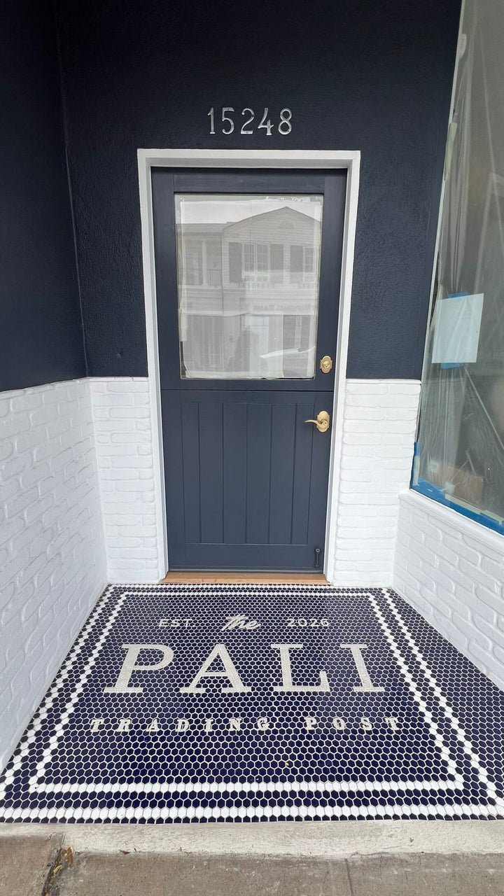 Pali Trading Post doorway, business logo mosaic by Mosaic Lettering
