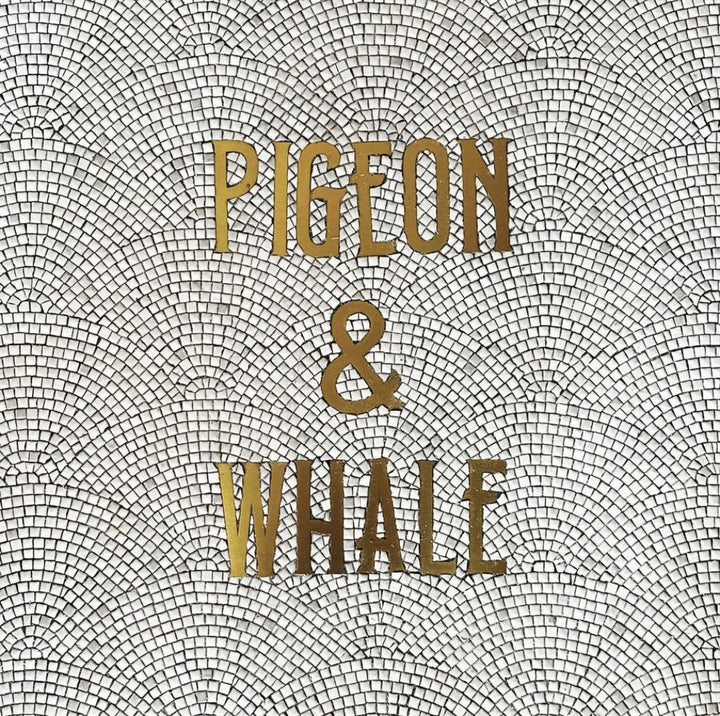 Pigeon & Whale gold fanned mosaic, bar logo mosaic by Mosaic Lettering
