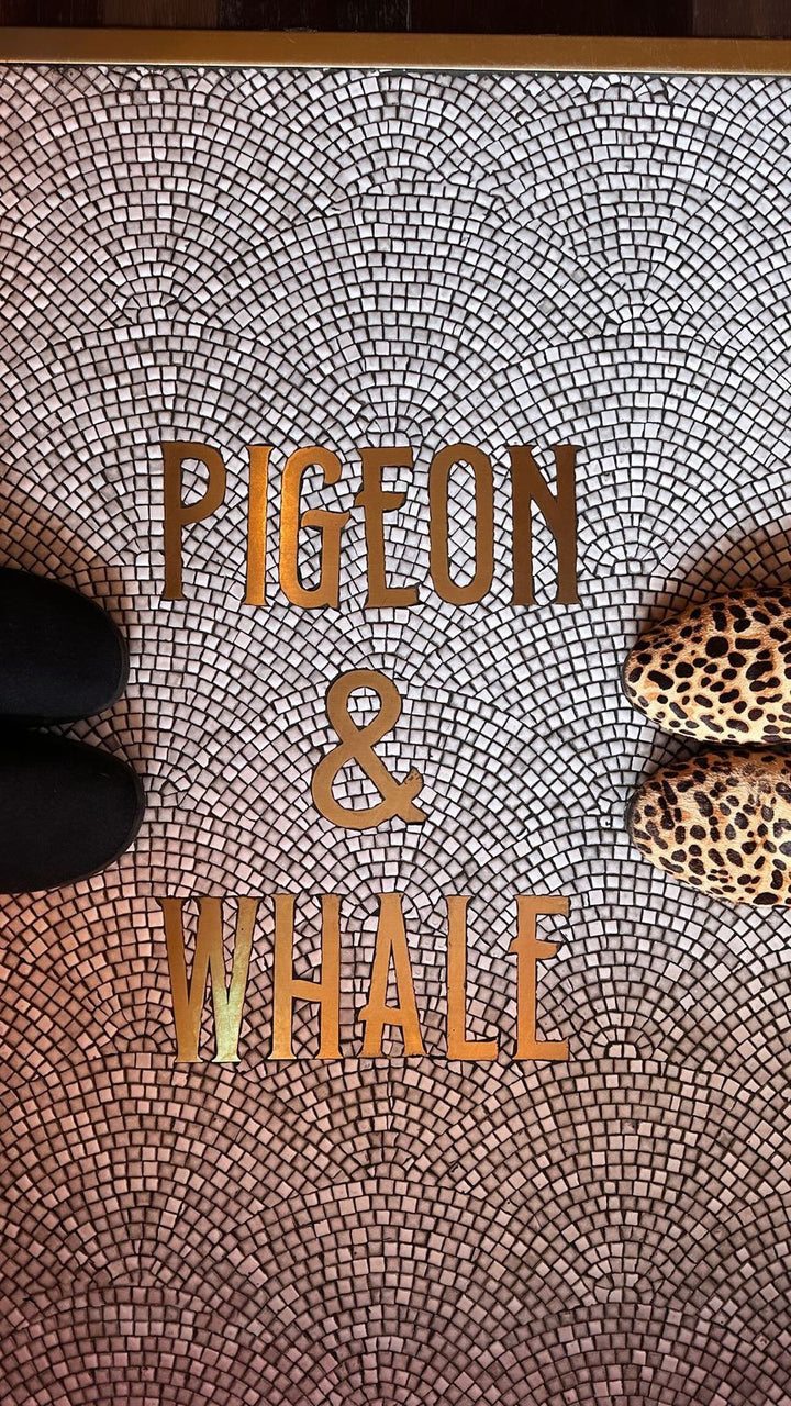 Pigeon & Whale gold lettering mosaic, bar logo mosaic by Mosaic Lettering