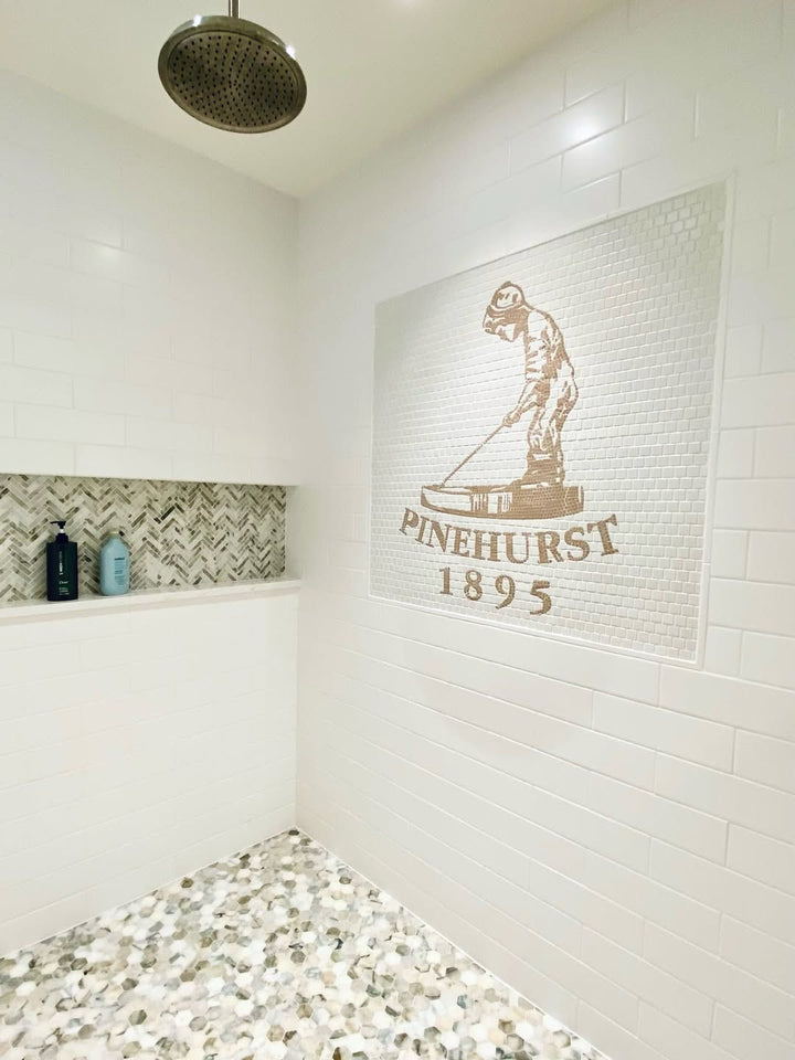 Pinehurst 1895 wall mosaic in shower, pool and bathroom mosaic by Mosaic Lettering