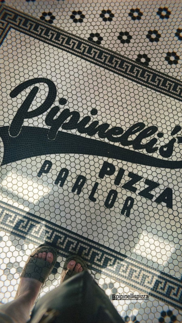 Pipinelli's Pizza Parlor floor mosaic, restaurant logo mosaic by Mosaic Lettering