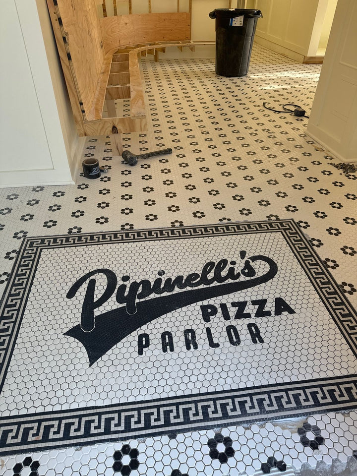 Pipinelli's Pizza Parlor hexagon mosaic, restaurant logo mosaic by Mosaic Lettering