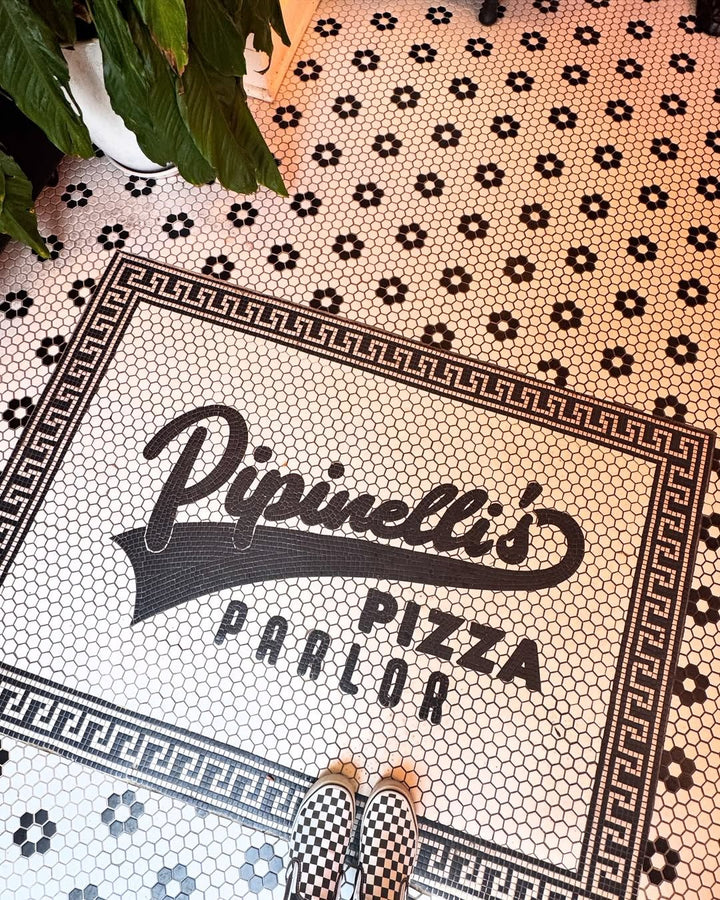 Pipinelli's Pizza Parlor patterned border, restaurant logo mosaic by Mosaic Lettering