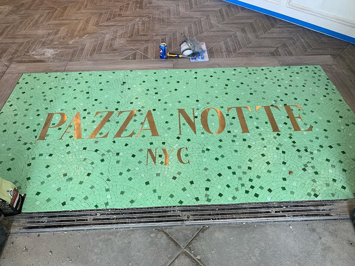 Pizza Notte green mosaic, restaurant logo mosaic by Mosaic Lettering