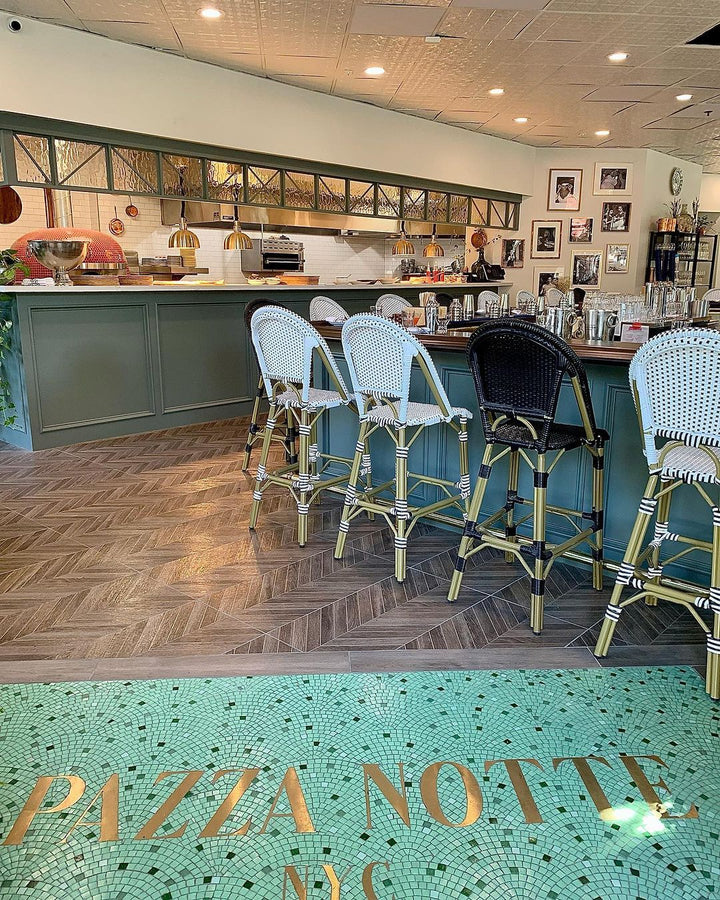 Pizza Notte restaurant floor mosaic, restaurant logo mosaic by Mosaic Lettering