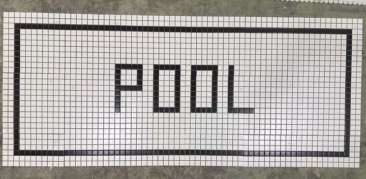 POOL lettering mosaic, pool and bathroom mosaic by Mosaic Lettering, photographed at our studio before installation