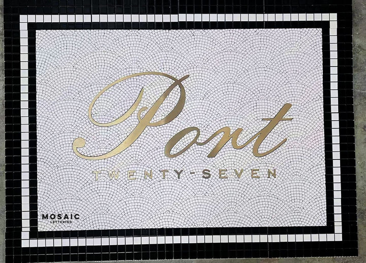 Port Twenty-Seven gold script mosaic, bar logo mosaic by Mosaic Lettering, photographed at our studio before installation