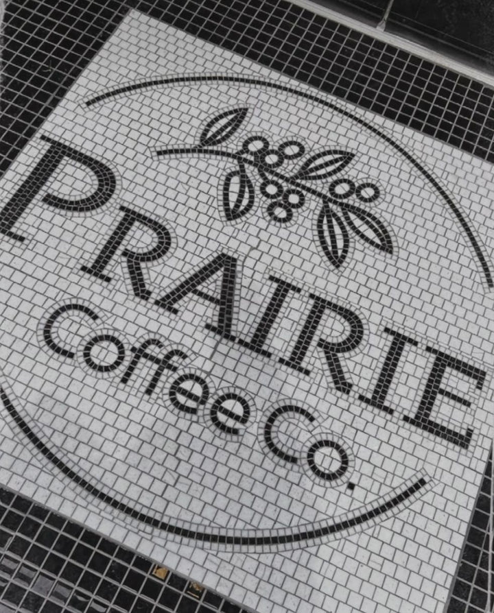 Prairie Coffee Co. close-up, restaurant logo mosaic by Mosaic Lettering