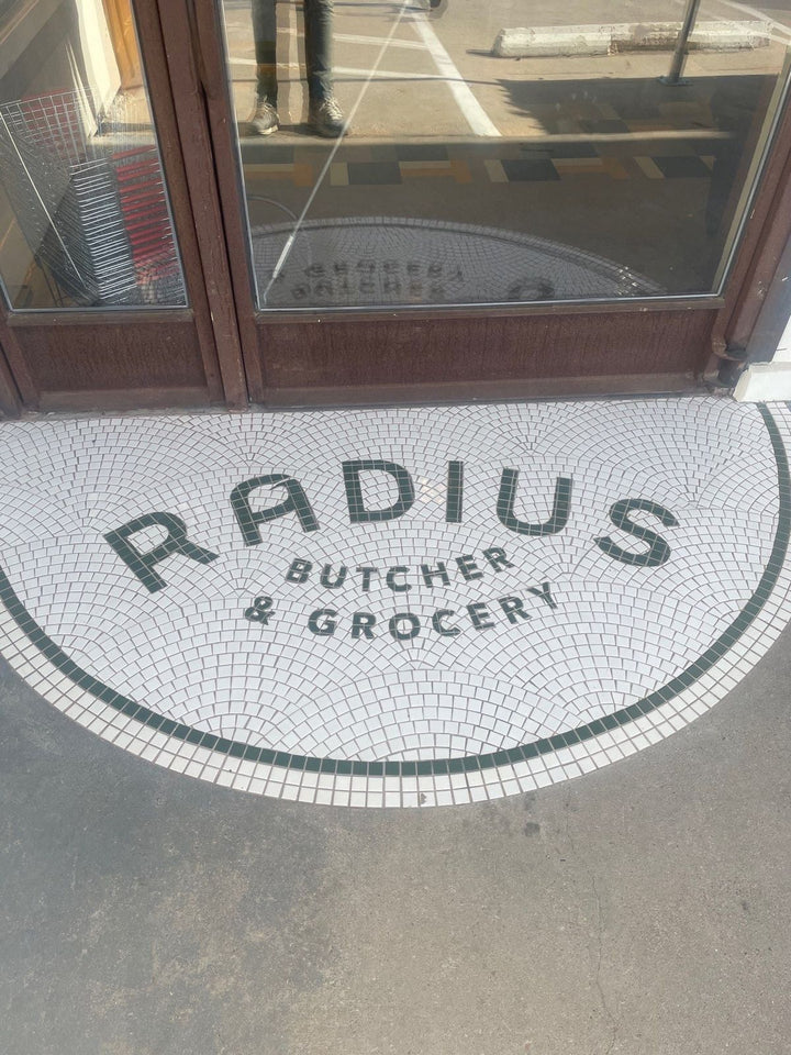 Radius Butcher & Grocery round mosaic, restaurant logo mosaic by Mosaic Lettering