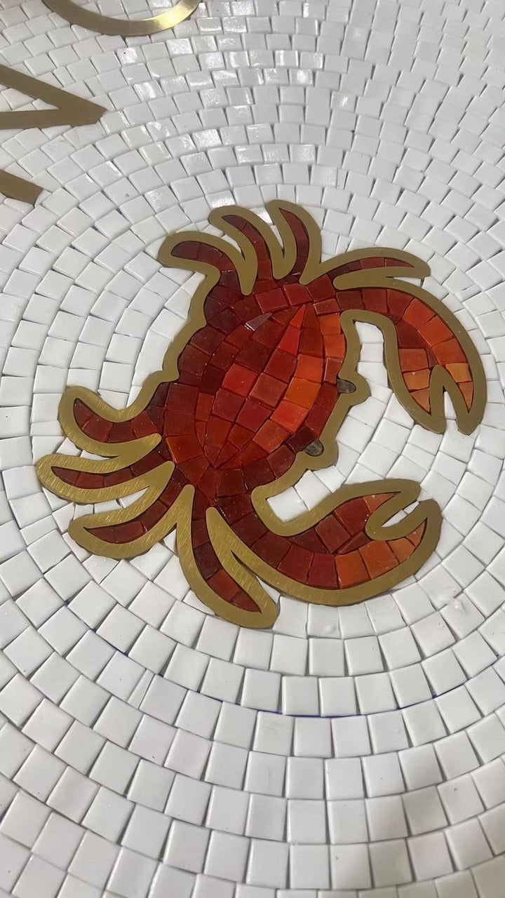 Red crab motif in fanned mosaic, hand-cut mosaic by Mosaic Lettering