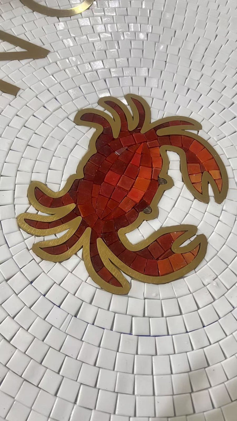 Red crab mosaic: Hand-cut on a fan
