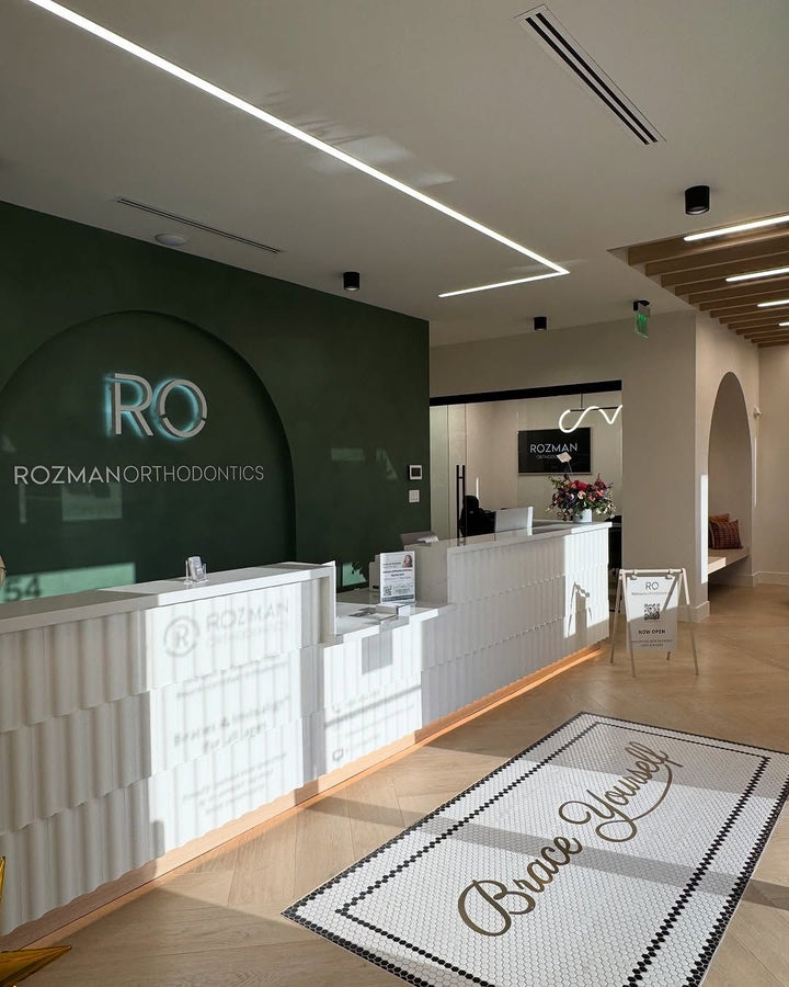 RO lobby floor mosaic, business logo mosaic by Mosaic Lettering