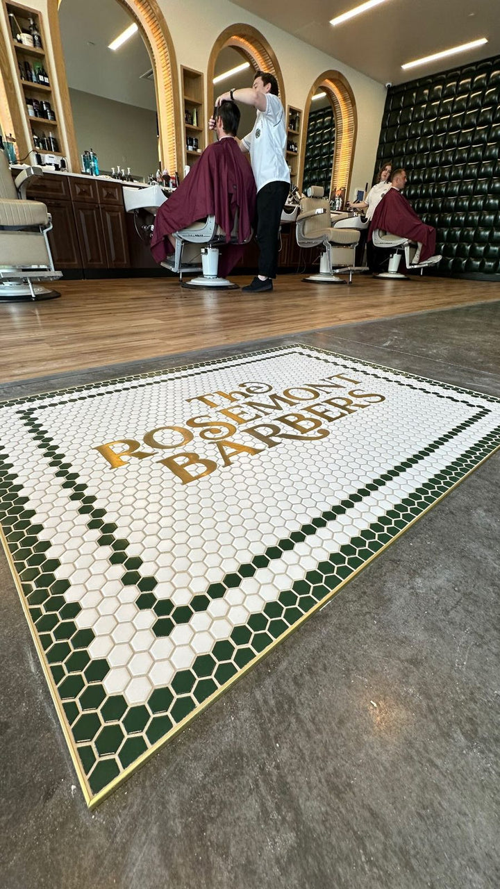 Rosemont Barbers entrance mosaic, business logo mosaic by Mosaic Lettering